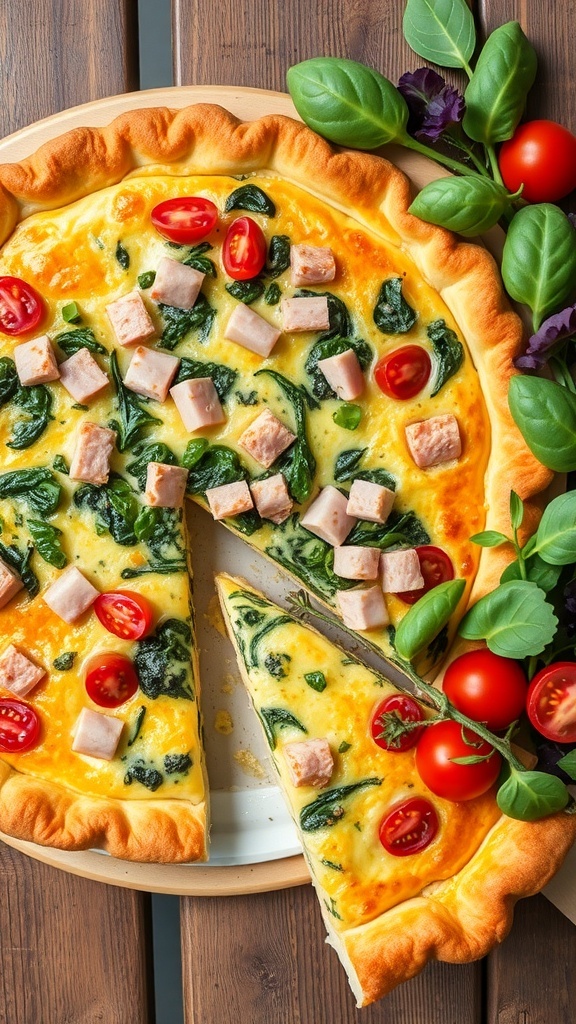 A golden-brown quiche filled with spinach and cheese, garnished with herbs, on a wooden table with a slice cut out.